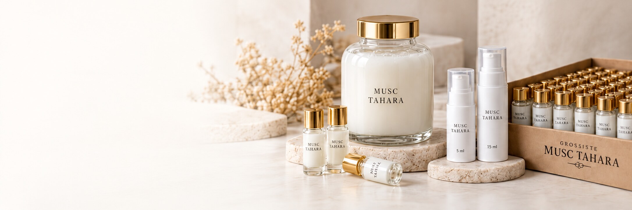 Composition de musc tahara en vrac, fioles et pompes airless pour revendeurs